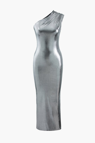 Metallic One Shoulder Midi Dress (M / SILVER)