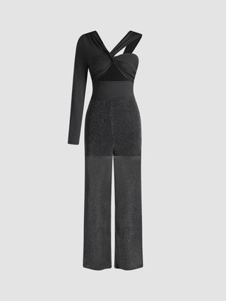 Metallic Patchy Asymmetrical Neck Jumpsuit