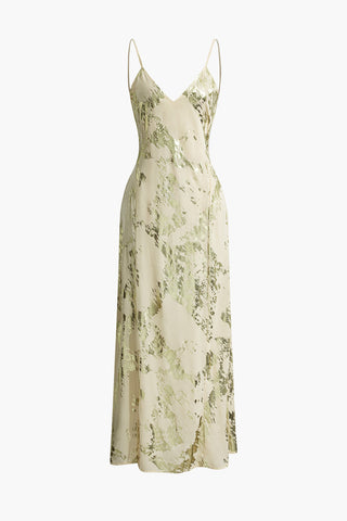 Metallic Print V-neck Backless Slip Maxi Dress (M / CHAMPAGNE)