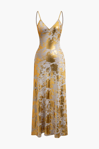 Metallic Print V-neck Backless Slip Maxi Dress (S / GOLD)