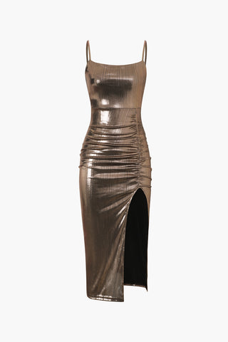 Metallic Ruched Slit Midi Dress (S / GOLD)