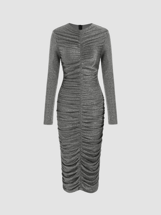 Metallic Ruched Zip Midi Dress