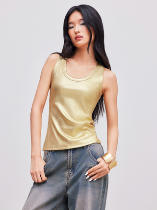 Metallic Scoop Neckline Solid Tank Top