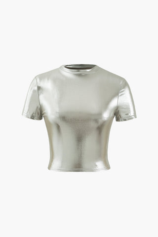 Metallic Short Sleeve Crop Top (L / SILVER)