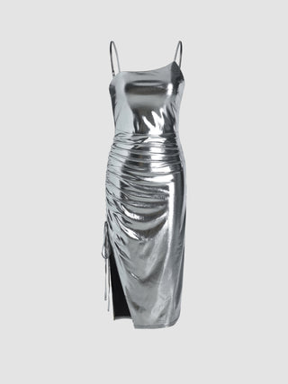 Metallic Split Cami Midi Dress (L / Silver)