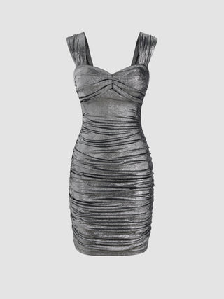 Metallic Square Neck Ruched Midi Dress