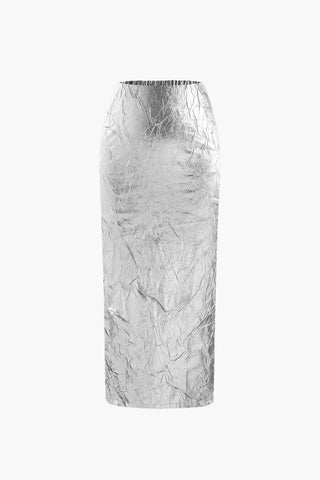 Metallic Textured Midi Skirt (L / SILVER)