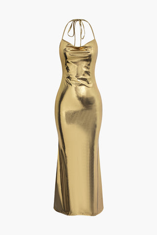 Metallic Tie Halter Cowl Neck Backless Maxi Dress (S / GOLD)