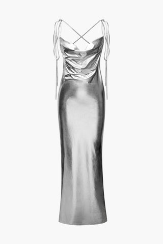 Metallic Tie Strap Ruched Maxi Dress (S / SILVER)