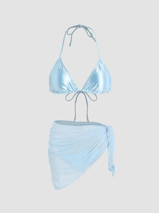 Metallic Triangle Tie Side Bikini Set With Sarong