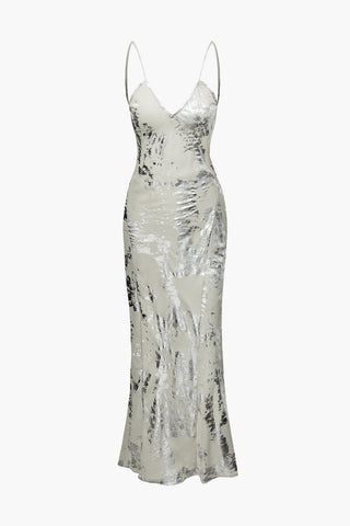 Metallic V-neck Backless Slip Maxi Dress (L / SILVER)