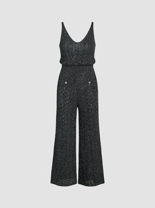 Metallic V-neck Hollow Out Button Knitted Jumpsuit