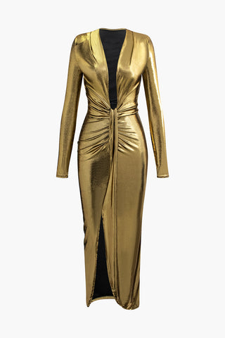 Metallic V-neck Ruched Slit Wrap Maxi Dress (XL / GOLD)