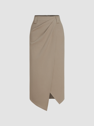 Mid Rise Asymmetrical Hem Split Midi Skirt