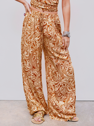 Mid Rise Paisley Knotted Pocket Wide Leg Trousers