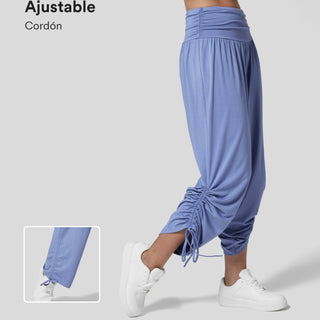 Mid Rise Ruched Adjustable Hem Drawstring Solid Wide Leg Casual Pants