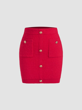 Mid Waist Button Bodycon Knitted Mini Skirt