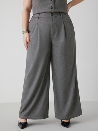 Mid Waist Button Wide Leg Trousers Curve & Plus