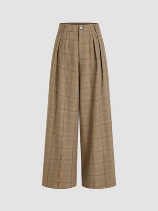 Mid Waist Check Wide Leg Trousers