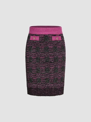 Mid Waist Contrasting Binding Button Knitted Mini Skirt