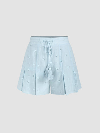 Mid Waist Floral Pleated Eyelet Wide Leg Shorts