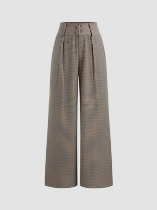 Mid Waist Houndstooth Button Wide Leg Trousers