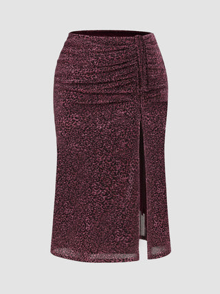 Mid Waist Leopard Drawstring Split Maxi Skirt Curve & Plus