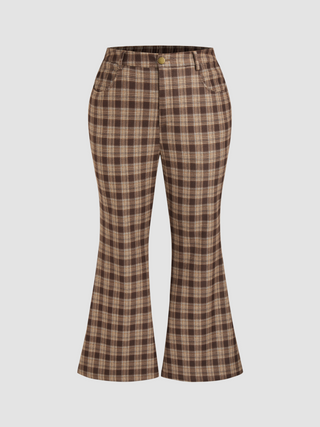 Mid Waist Plaid Pocket Flared Trousers Curve & Plus (2XL / Brown)