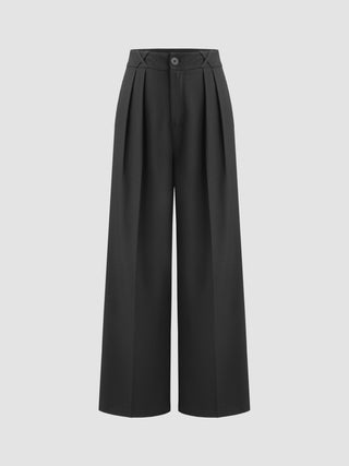 Mid Waist Pleated Straight Leg Trousers