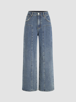 Mid Waist Raw Hem Pocket Straight Leg Jeans