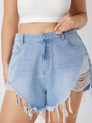 Mid Waist Ripped Denim Shorts Curve & Plus