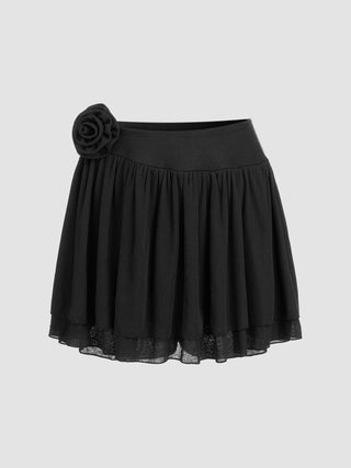 Mid Waist Rose Decor Pleated Lace Skort