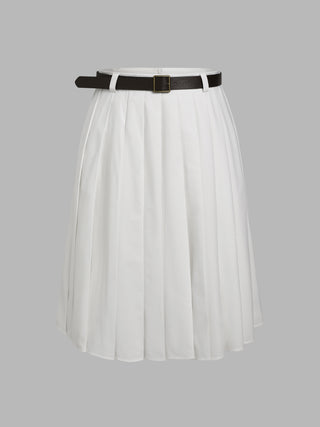 Mid Waist Solid Pleated Maxi Skirt With Belt Curve & Plus