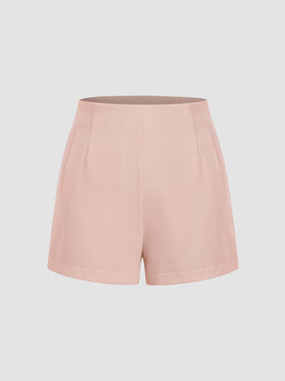 Mid Waist Solid Pocket Straight Leg Shorts