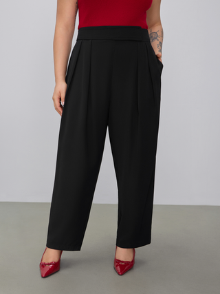 Mid Waist Solid Pocket Tapered Trousers Curve & Plus