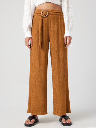 Mid Waist Solid Ring Detail Pleated Wide Leg Trousers