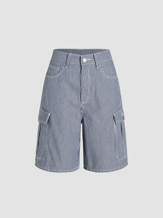 Mid Waist Striped Pocket Bermuda Shorts (S / Navy Blue)