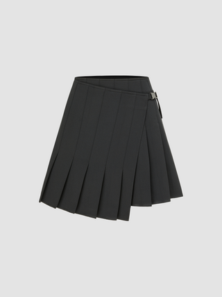 Middle Waist Asymmetrical Pleated Buckle Mini Skirt