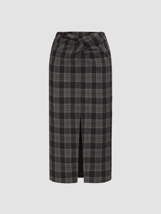 Middle Waist Check Twist Maxi Skirt