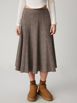 Middle Waist Plaid Ruffle Maxi Skirt