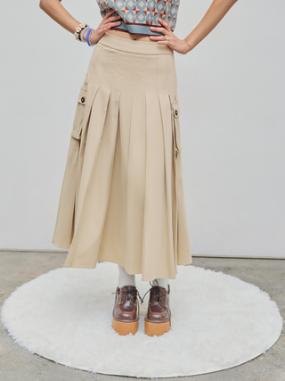 Middle Waist Pleated Cargo Zipper Maxi Skirt