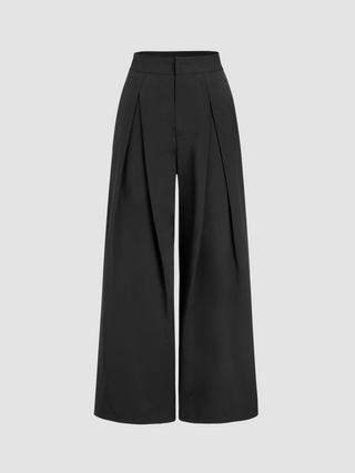 Middle Waist Pleated Pocket Zip Wide Leg Trousers