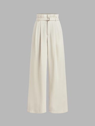 Middle Waist Pocket Split Pleated Straight Leg Trousers