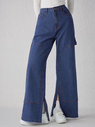 Middle Waist Solid Button Split Wide Leg Jeans