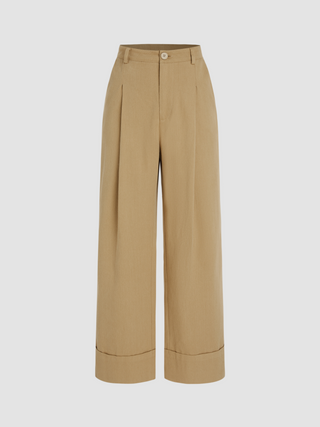 Middle Waist Solid Pleated Straight Leg Trousers