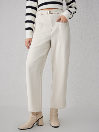 Middle Waist Solid Pocket Tapered Trousers