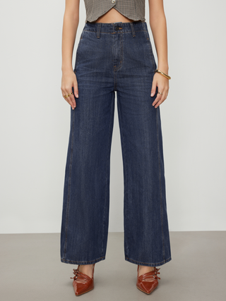 Middle Waist Solid Pocket Wide Leg Jeans