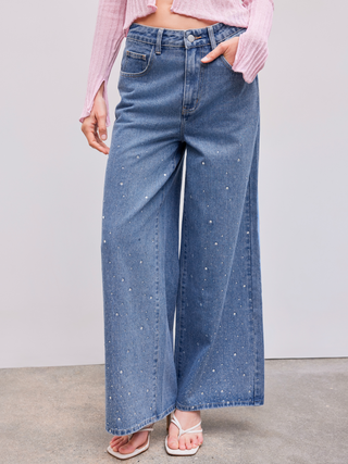 Middle Waist Solid Rhinestone Pocket Wide Leg Jeans