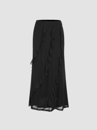 Middle Waist Solid Ruffle Hem Maxi Skirt