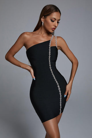 Mimia One Shoulder Chain Mini Cocktail Dress (L / Black)